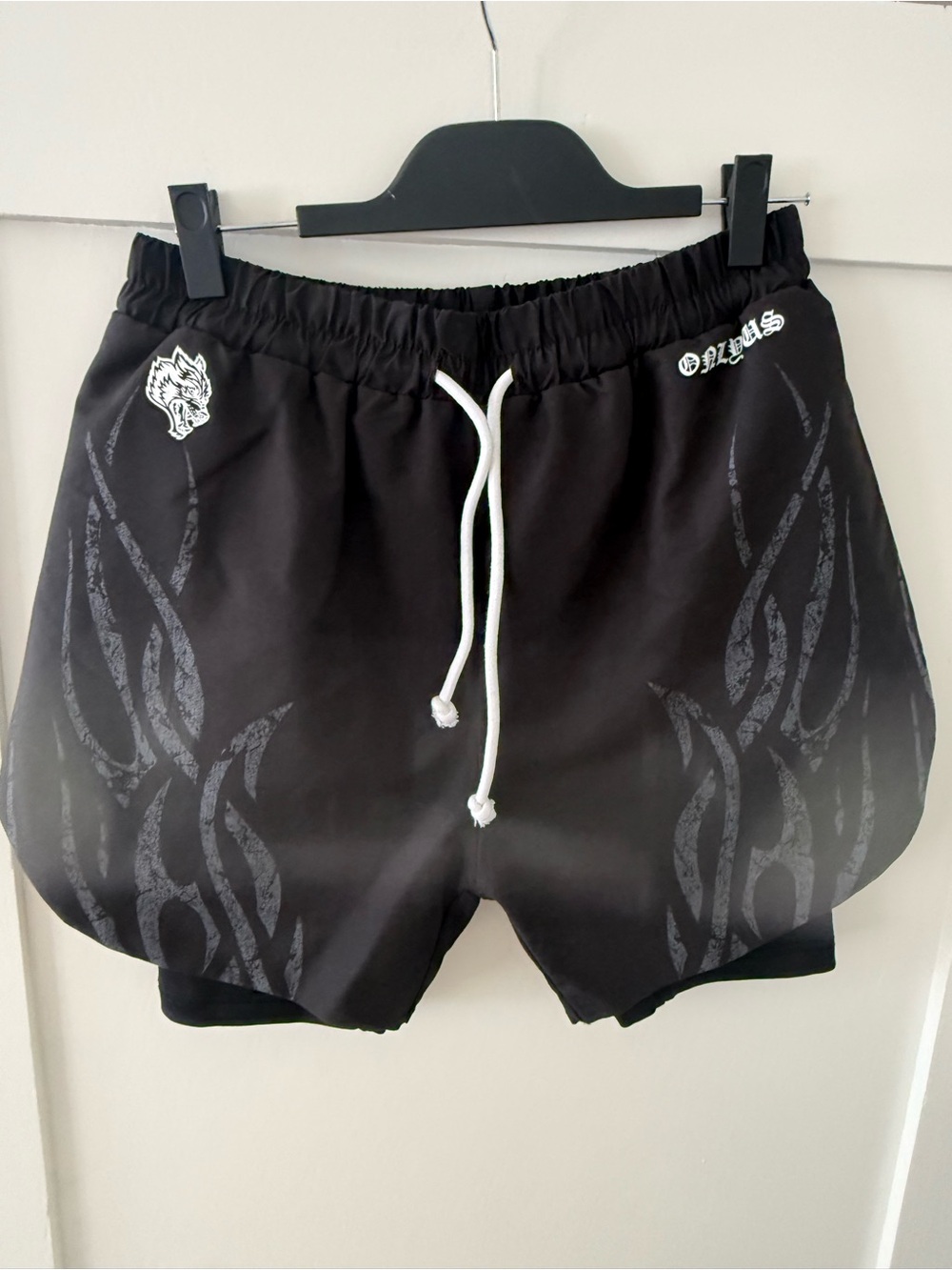 Darc Sport Black Athletic Shorts with White Drawstring and Gray Flame Graphics